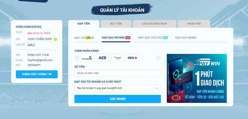 Quy trình nạp tiền vào nhà cái 8LIVE qua Paywin dễ dàng